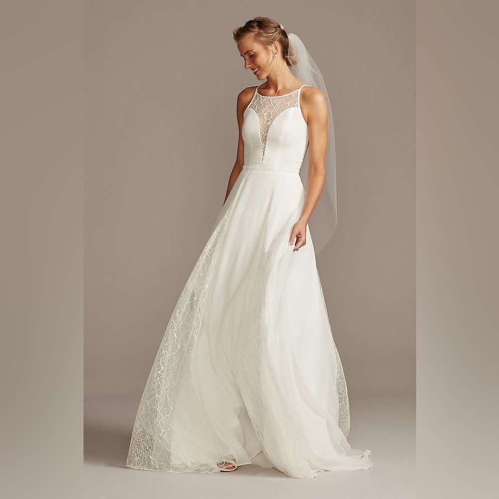 David’s Bridal High Neck Illusion and Lace Godet Style #WG4021 NWT